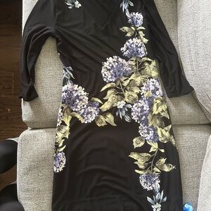 WHBM Black and Purple Asymmetrical Sheath Dress with 3/4 Sleeves Size S